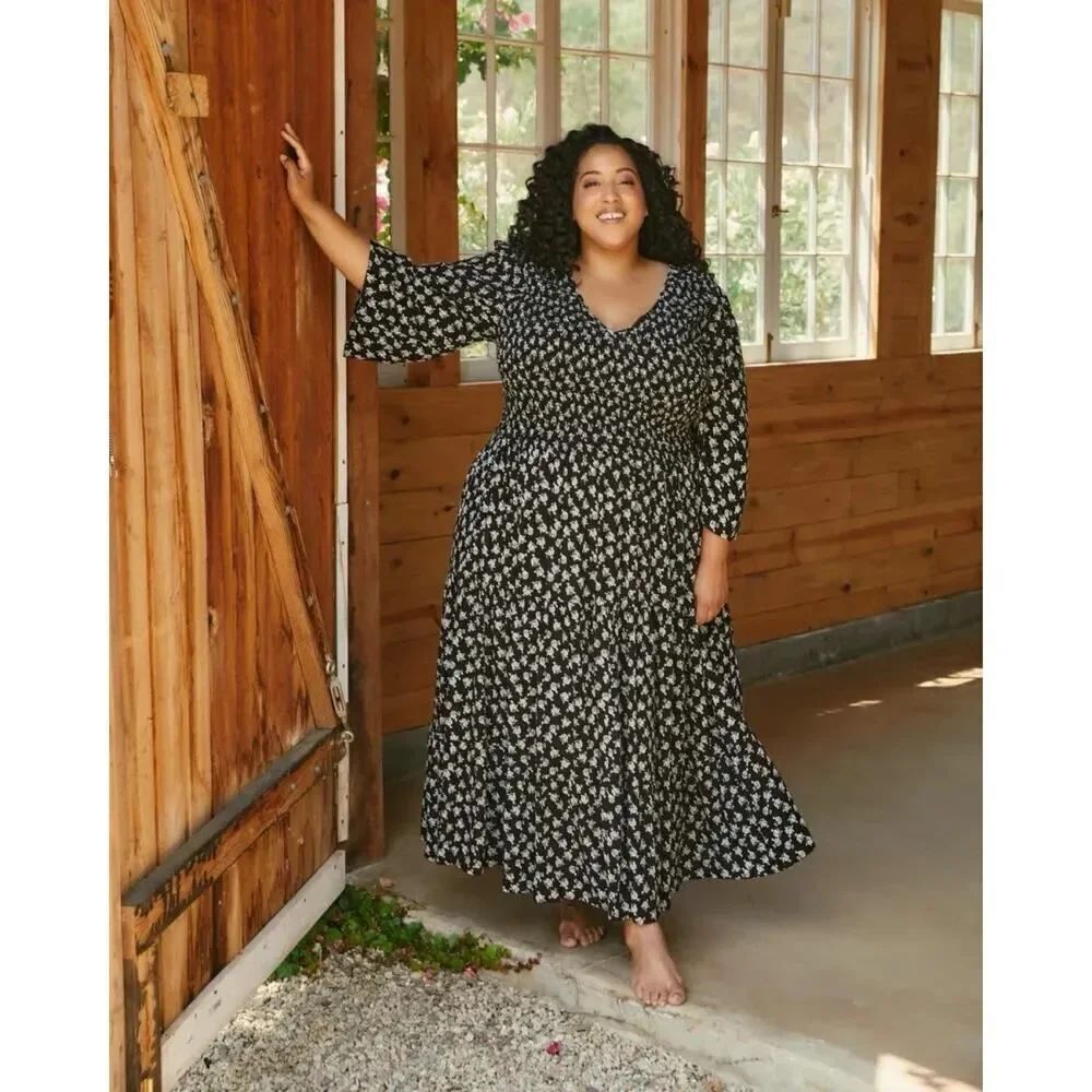 Christy Dawn Dress Womens 3X Plus Black The Dawn Floral Smocked Cottage Core
